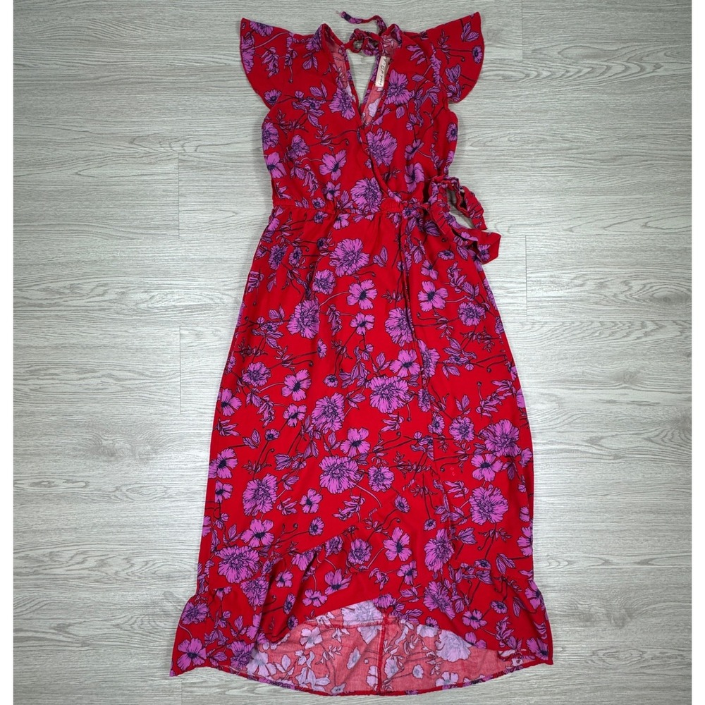 Land of the Free Women Dress Small Red Floral‎ Wrap Flutter Sleeve High Low Maxi